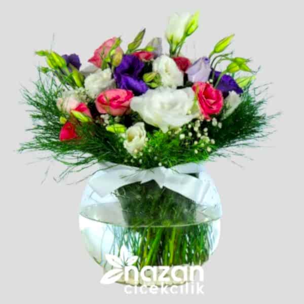 Nazan Cicekcilik Cam Fanusta Renkli Lisyantuslar 1