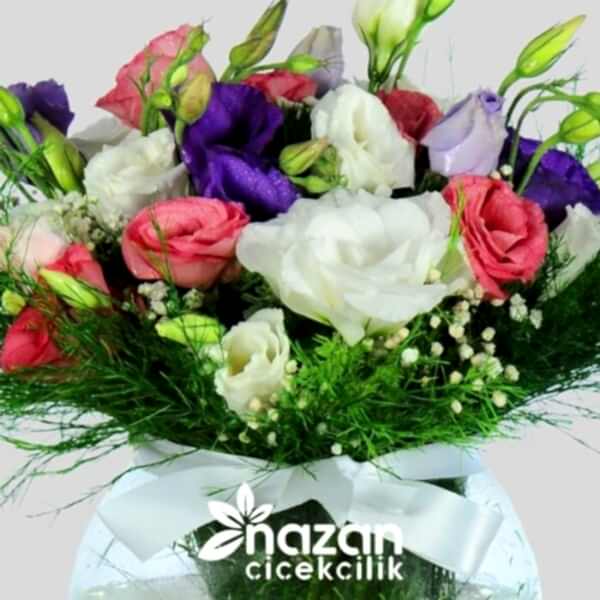 Nazan Cicekcilik Cam Fanusta Renkli Lisyantuslar 2