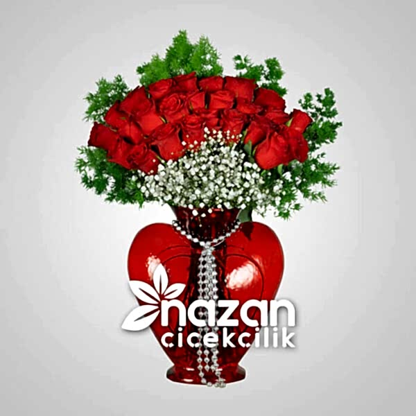 Nazan Cicekcilik Kirmizi Kalp Vazoda 25li Kirmizi Gul 1