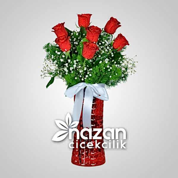 Nazan Cicekcilik Kirmizi Silindir Vazoda 7li Kirmizi Gul 1