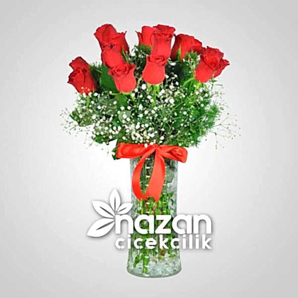 Nazan Cicekcilik Seffaf Silindir Vazoda 15li Kirmizi Gul 1