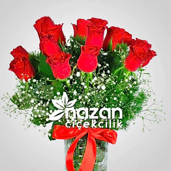Nazan Cicekcilik Seffaf Silindir Vazoda 15li Kirmizi Gul 2