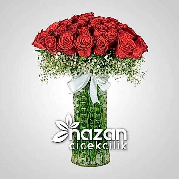 Nazan Cicekcilik Seffaf Silindir Vazoda 51li Kirmizi Gul 1