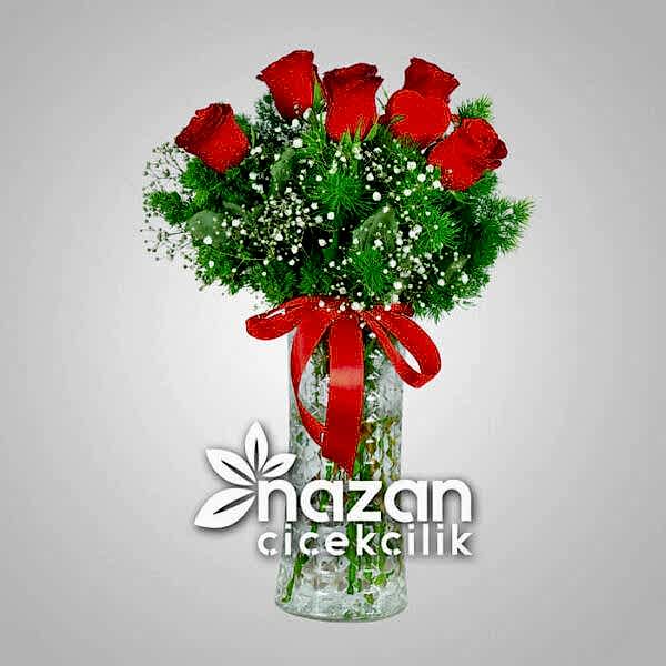 Nazan Cicekcilik Seffaf Silindir Vazoda 5li Kirmizi Gul 1