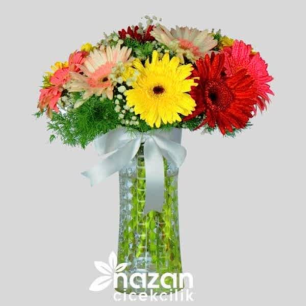 Nazan Cicekcilik Seffaf Silindir Vazoda Renkli Gerberalar 1