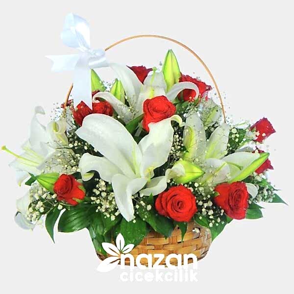 Nazan Cicekcilik Sepette Kirmizi Gul Beyaz Lilyum Aranjmanı 1