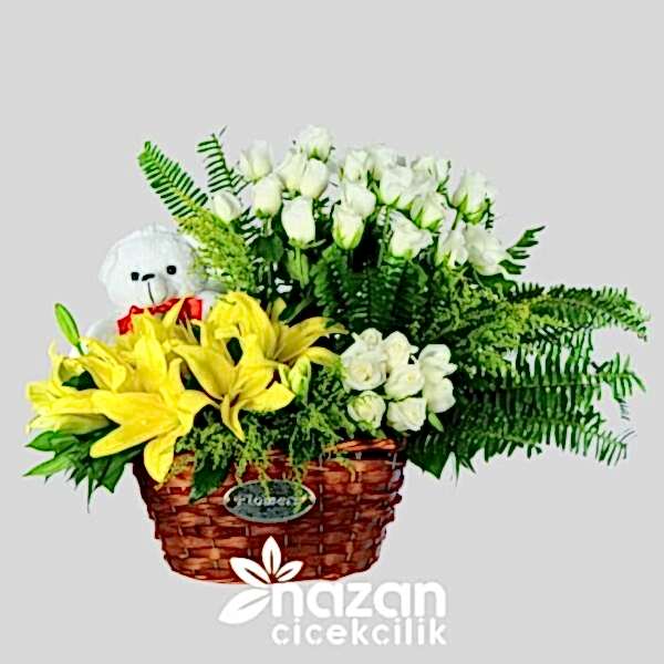 Nazan Cicekcilik Sepette Sari Lilyum Beyaz Gul Aranjmanı 1